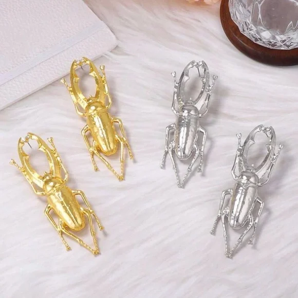Gold Stag Beetle Crystal Earrings Jumbo Insect Scarab Bug Vtg Style Jewelry NEW - Picture 4 of 10